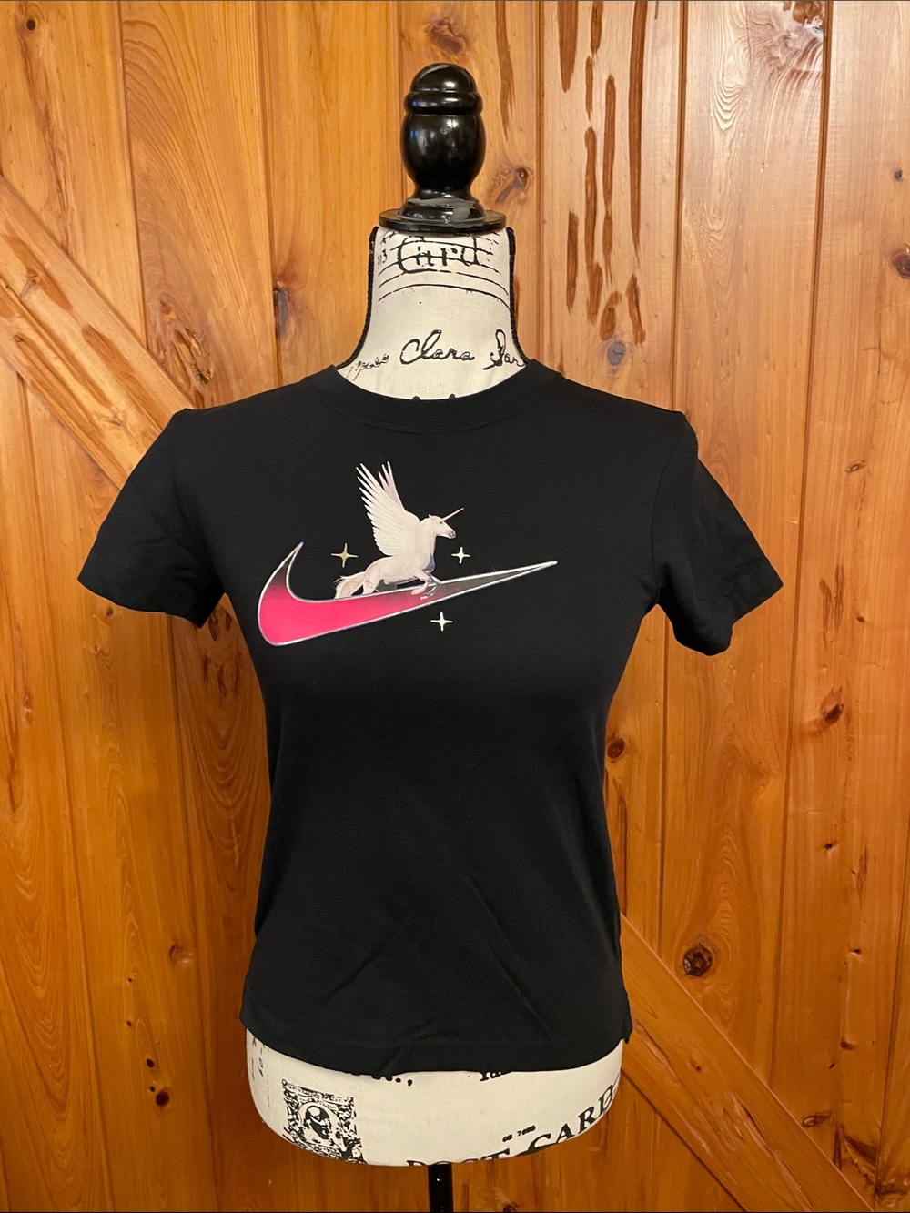 Nike Black Tee with Pink Gradient Swoosh and Pegasus Graphic